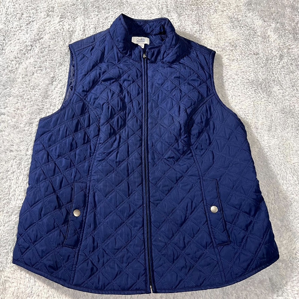 Croft & Barrow Vest Womens Large Navy Blue Quilted Full Zip Mock Neck Sleeveless